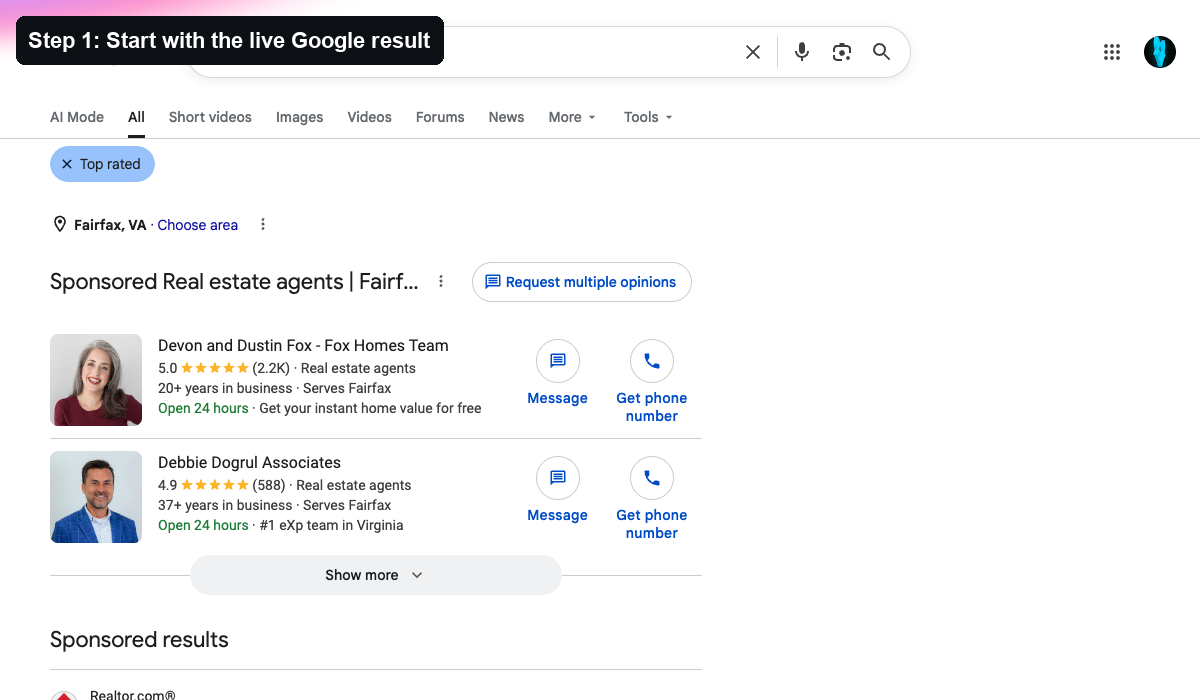 Google already treats “best Fairfax VA real estate agent” as a high-intent local recommendation query.