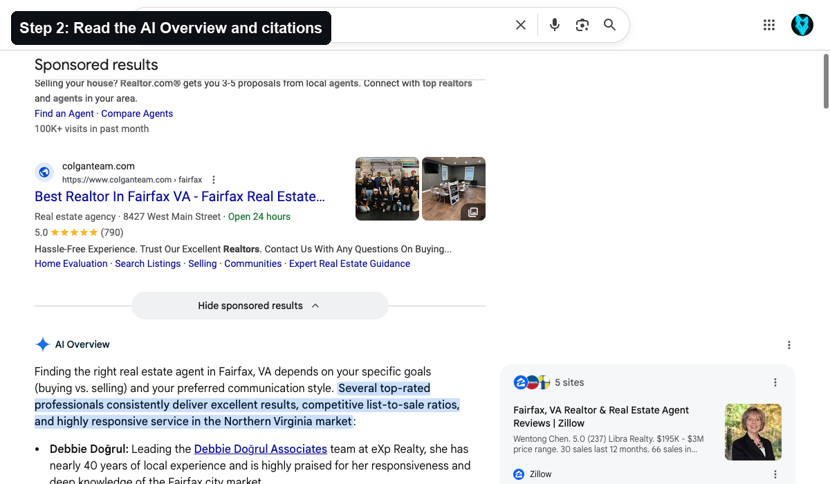 Google AI Overview appears for the query and starts naming agents based on public sources.
