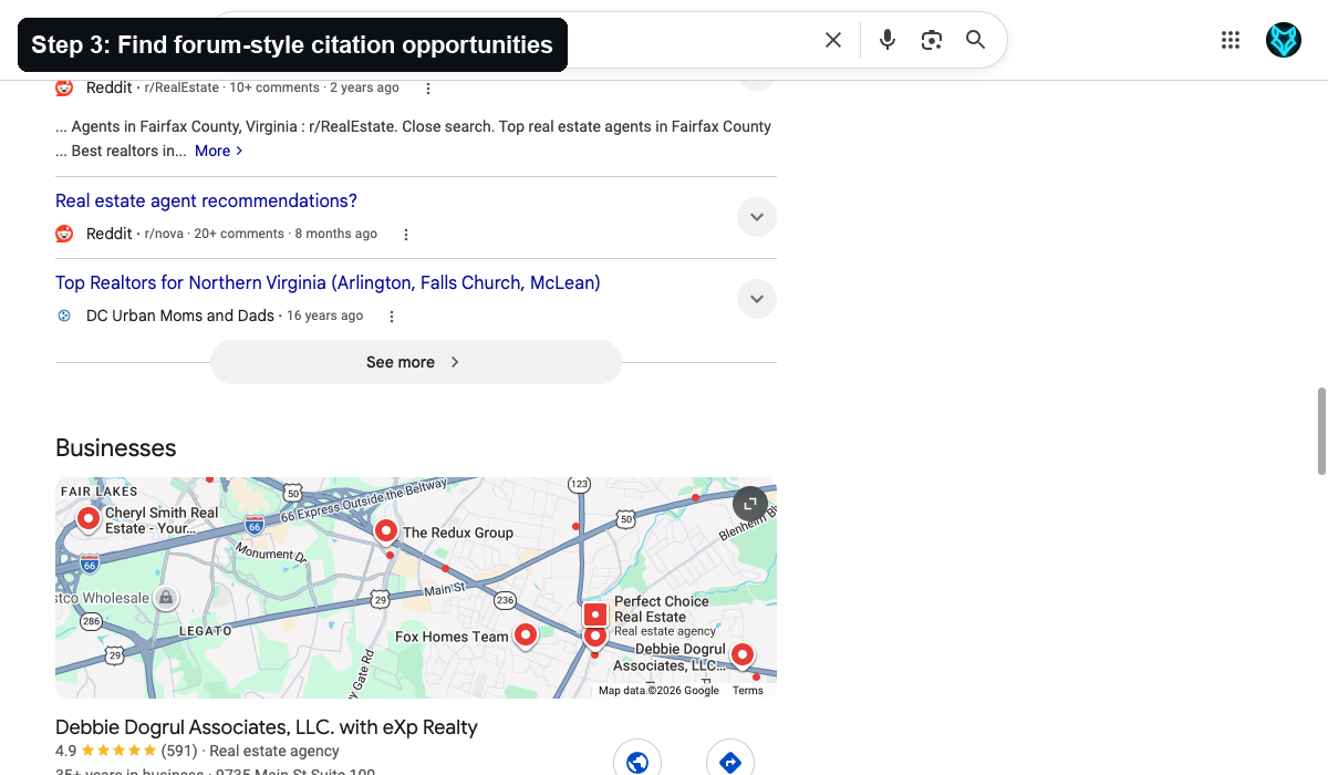 Google surfaces Reddit and forum-style discussion threads, which can reveal recommendation language and citation opportunities.