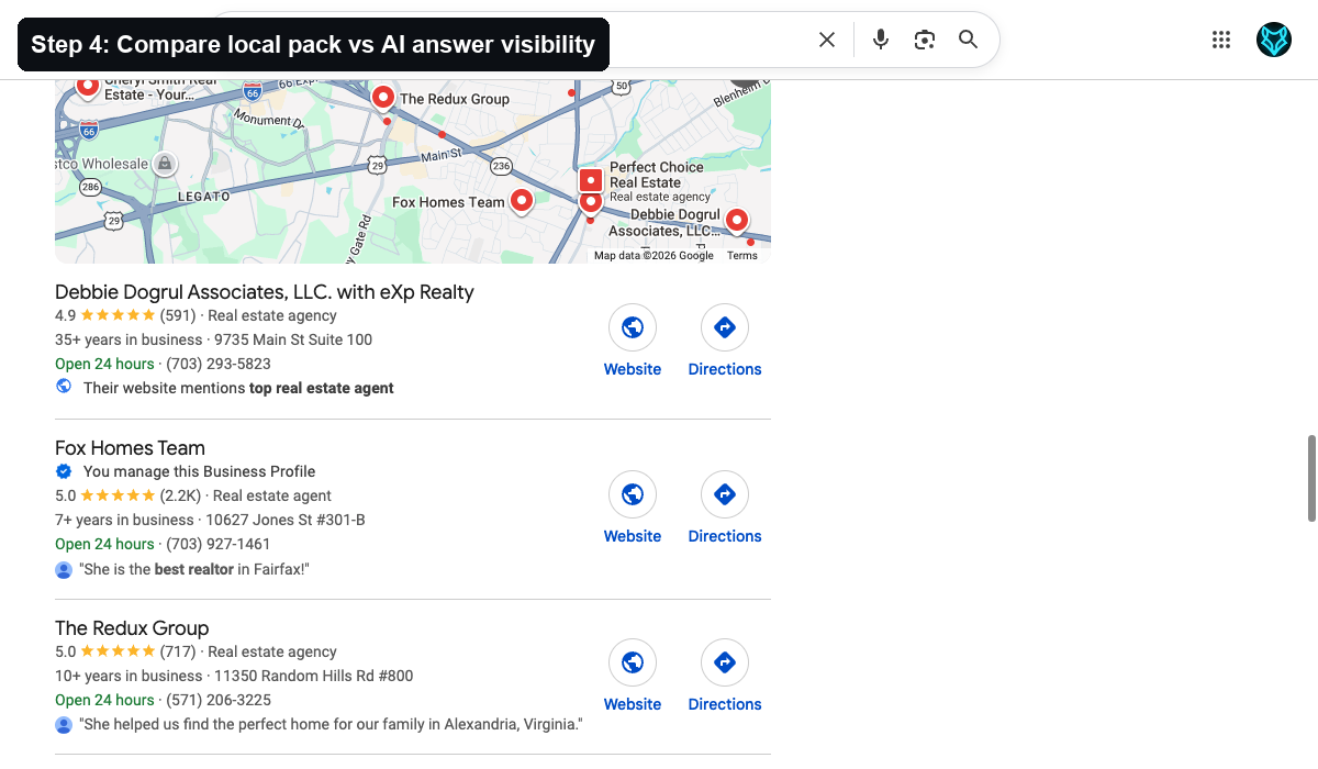 Fox Homes Team appears strongly in the local pack, but local pack visibility and AI answer visibility are not the same thing.