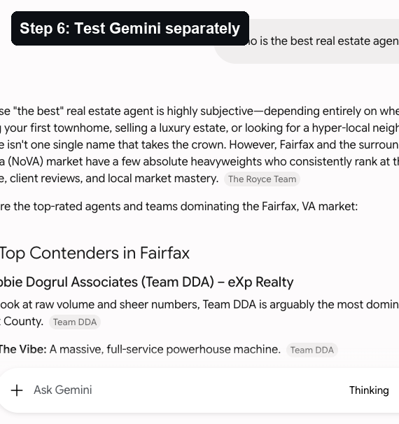 Gemini listed other contenders first in the visible answer, proving AEO visibility differs by platform.