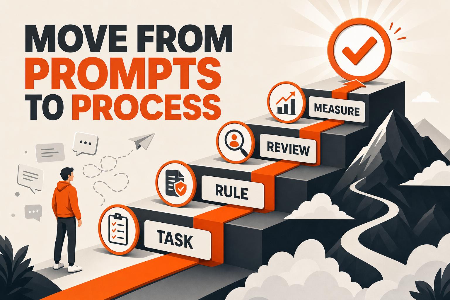 AgentAIBrief infographic showing task, rule, review, and measurement as the path from prompts to process.