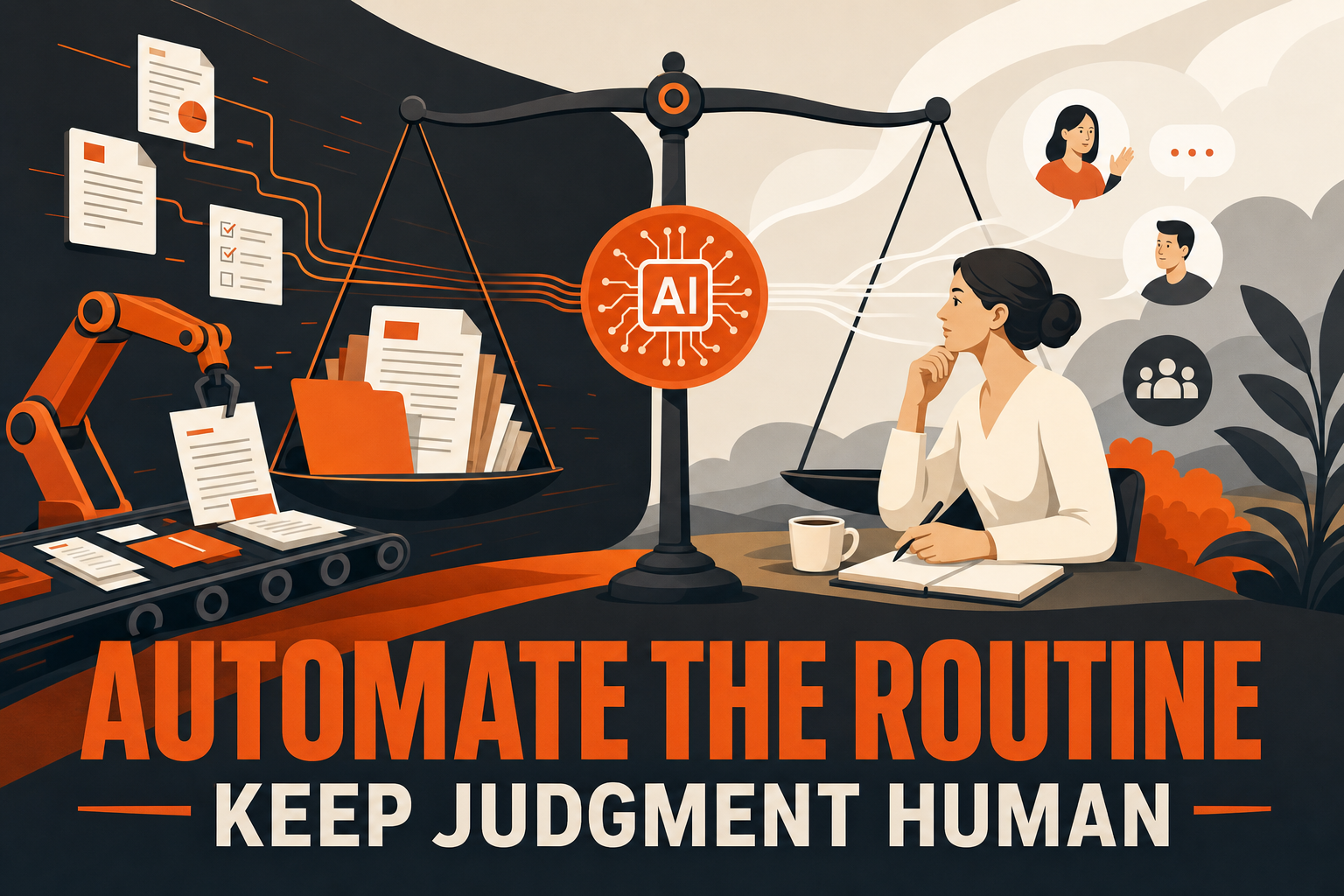 AgentAIBrief infographic separating routine AI assistance from human judgment and accountability.