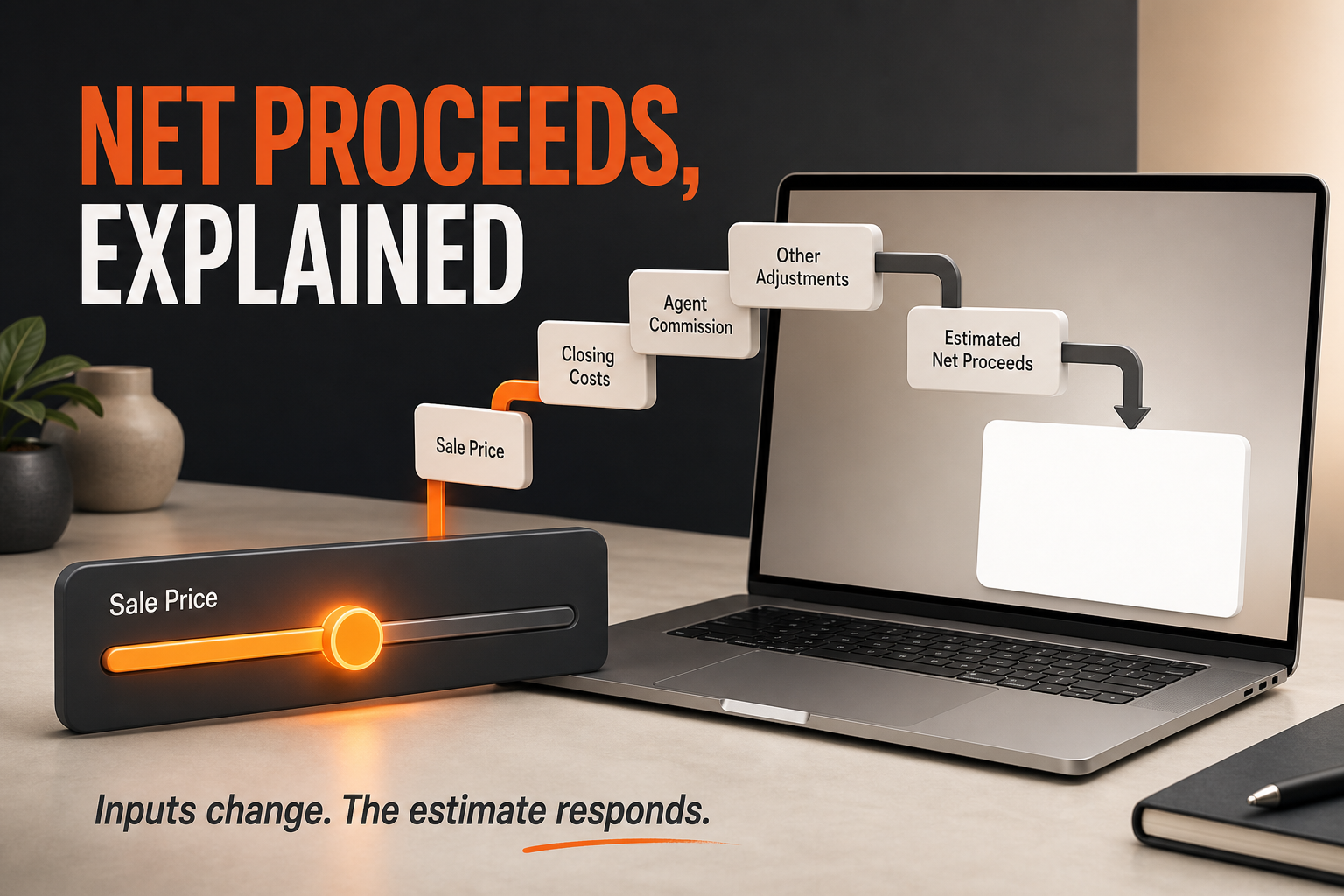 AgentAIBrief infographic showing editable proceeds inputs flowing into a clearly labeled estimated net amount.