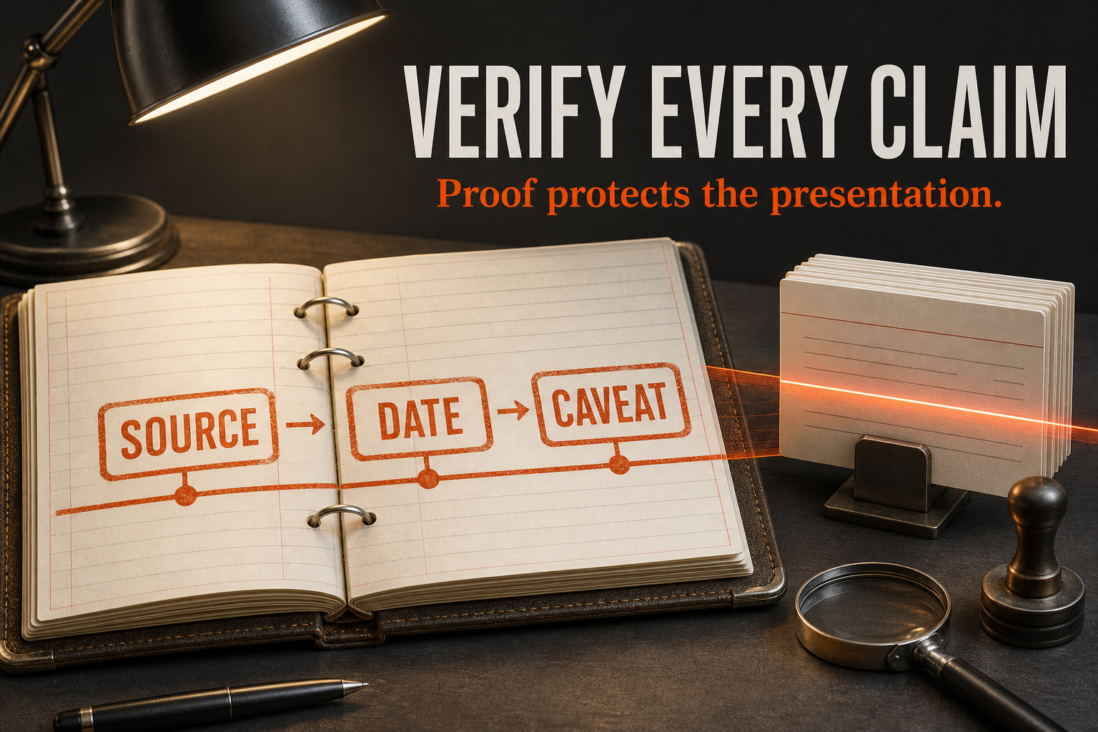 AgentAIBrief infographic showing source, date, and caveat checks before a claim is approved for publication.