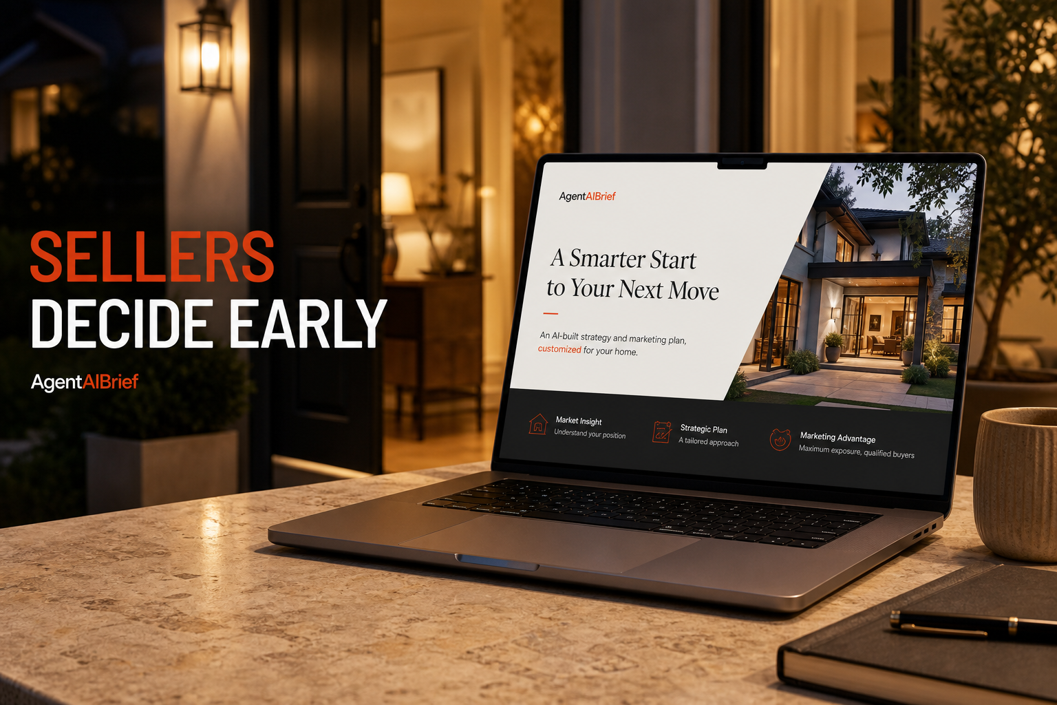 AgentAIBrief cover showing a seller reviewing a polished presentation website before an appointment.