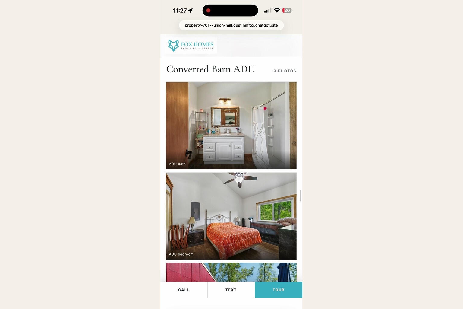 AI single property website builder showing a separate converted-barn gallery section in the mobile tour.