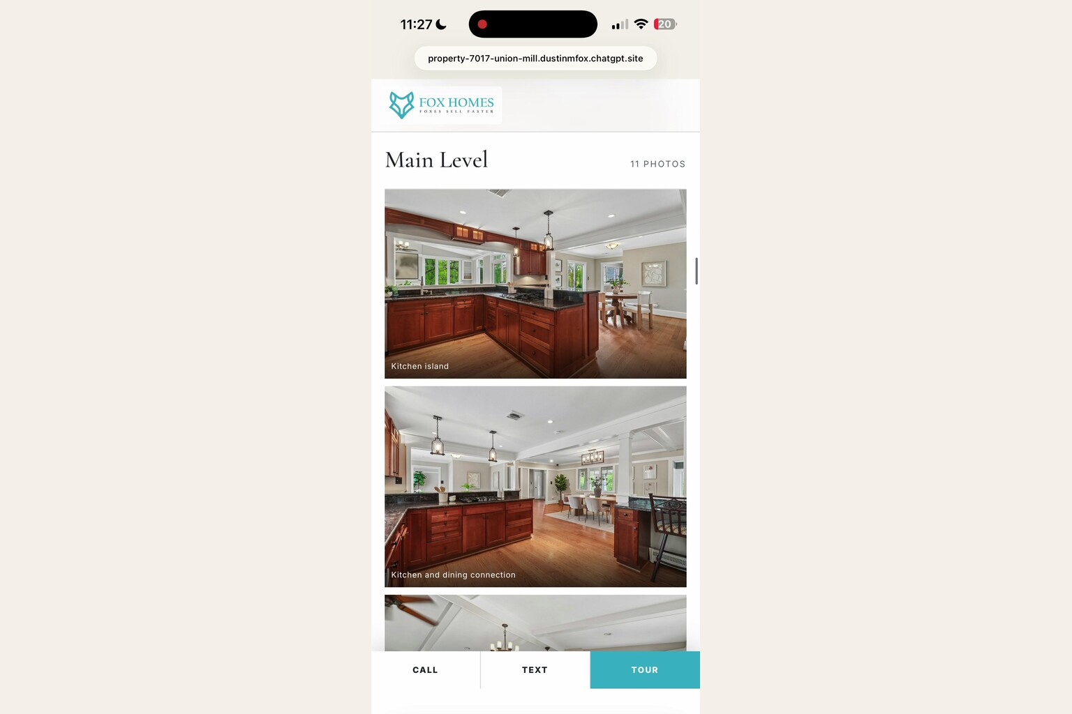 AI single property website builder presenting exterior arrival photos in a mobile guided tour.