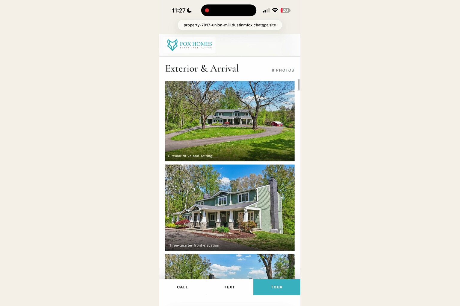 AI single property website builder displaying an organized main-level photo gallery on mobile.