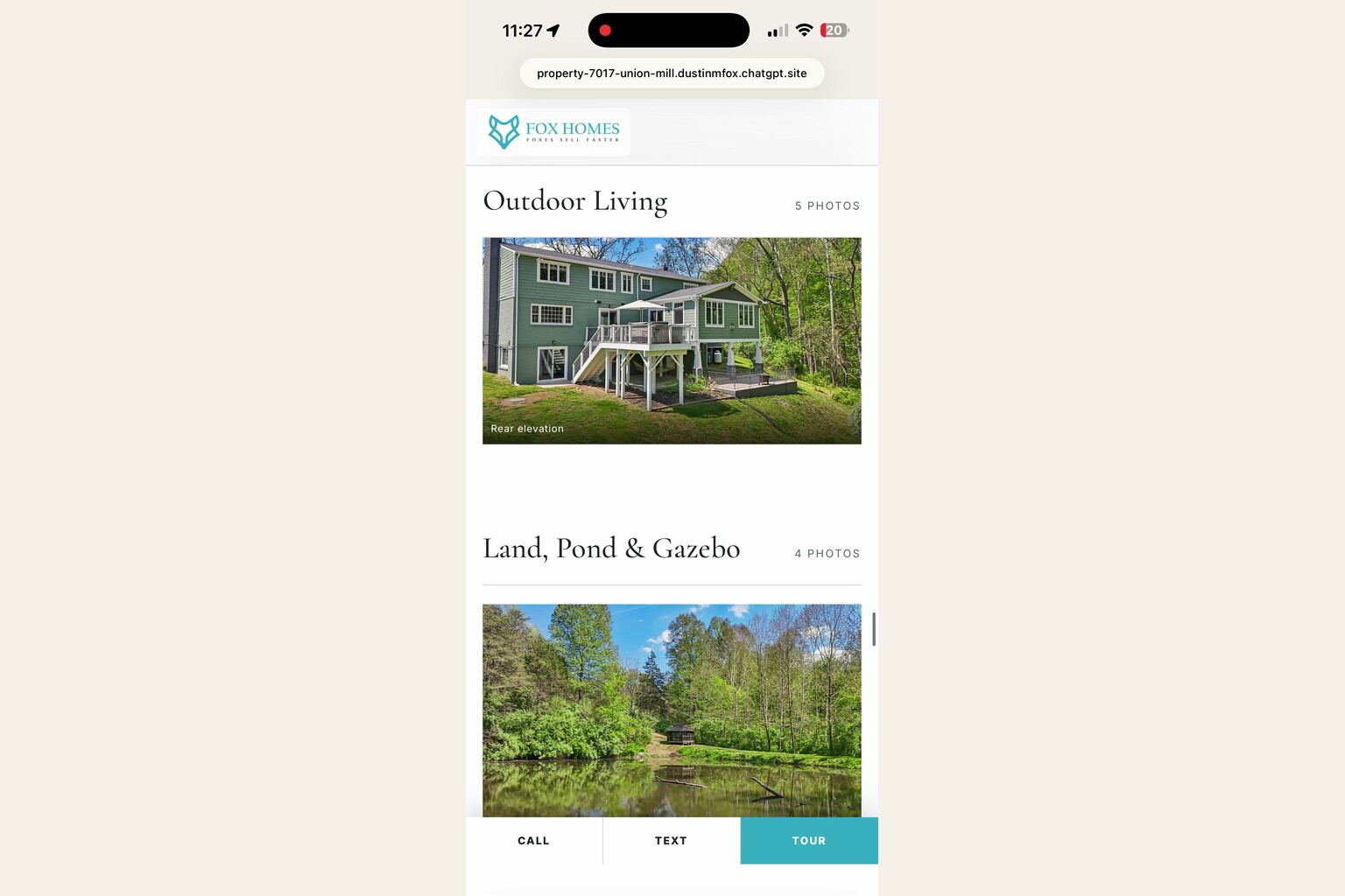 AI single property website builder displaying an outdoor-living photo section on mobile.