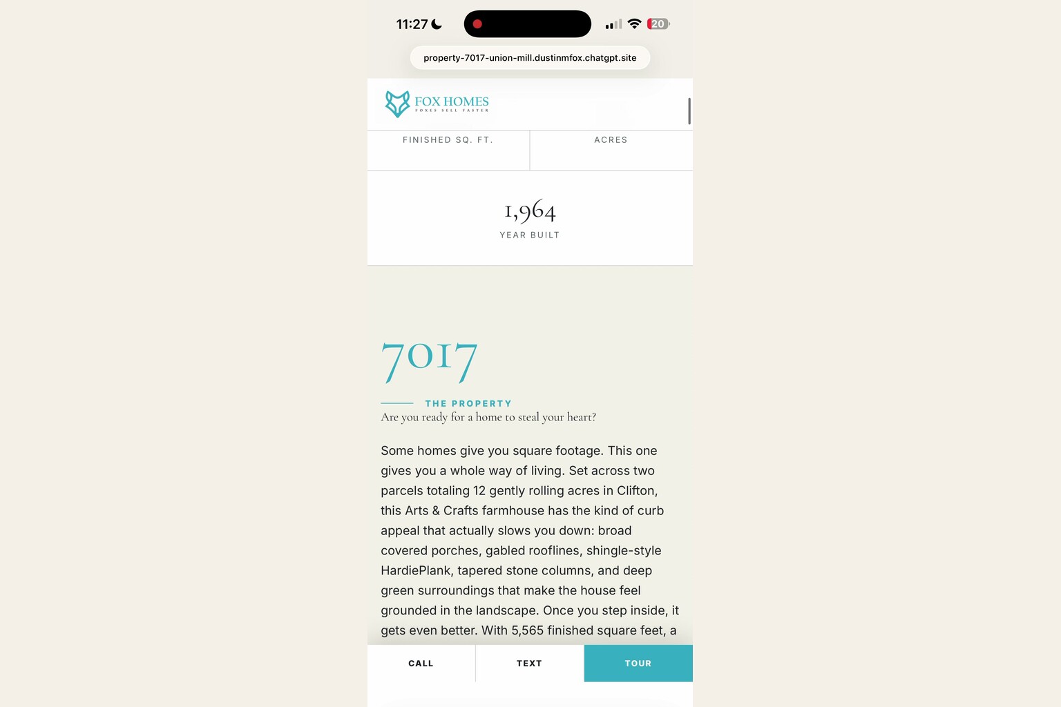 AI single property website builder showing a mobile property overview with key facts and a clean editorial layout.