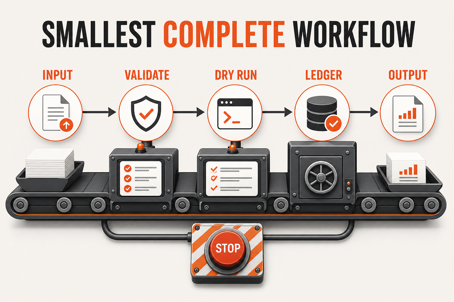 AgentAIBrief infographic showing input, validation, dry run, ledger, output, and a stop control.