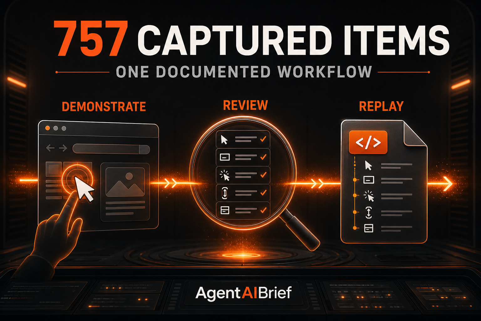 One documented workflow contained 757 captured items across demonstration, review, and replay.