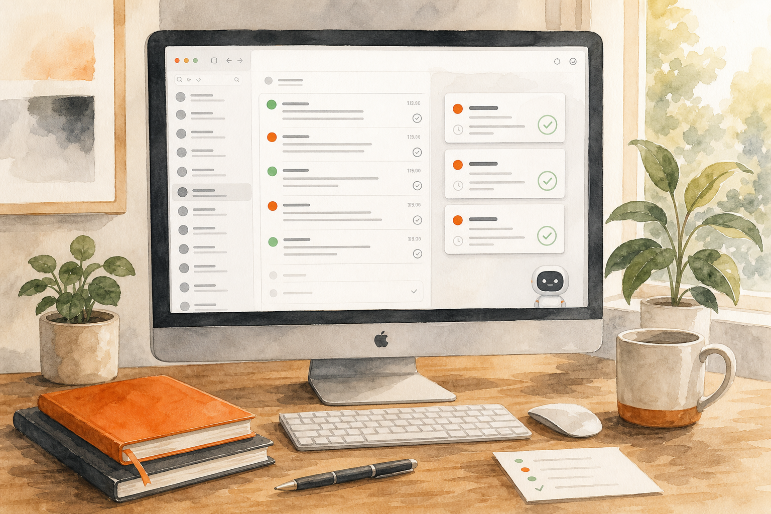 A watercolor Mac workspace turning private text threads into a prioritized morning action brief. AI-generated image for illustrative purposes.