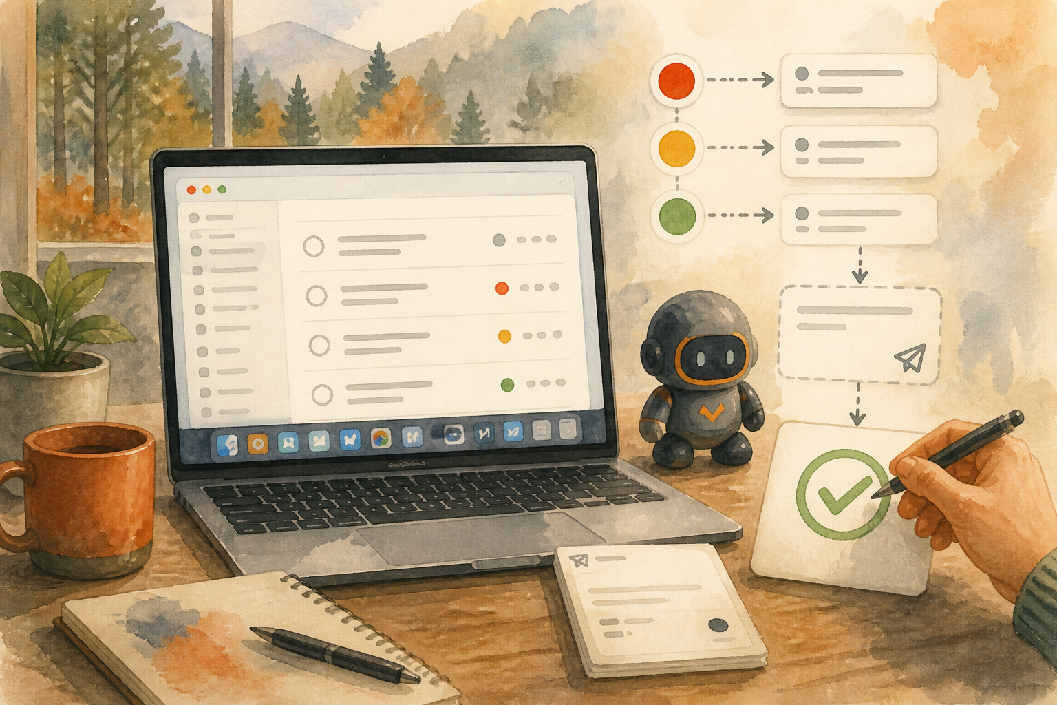 A watercolor follow-up audit with priority markers, draft-only copy, and a visible human approval check. AI-generated image for illustrative purposes.