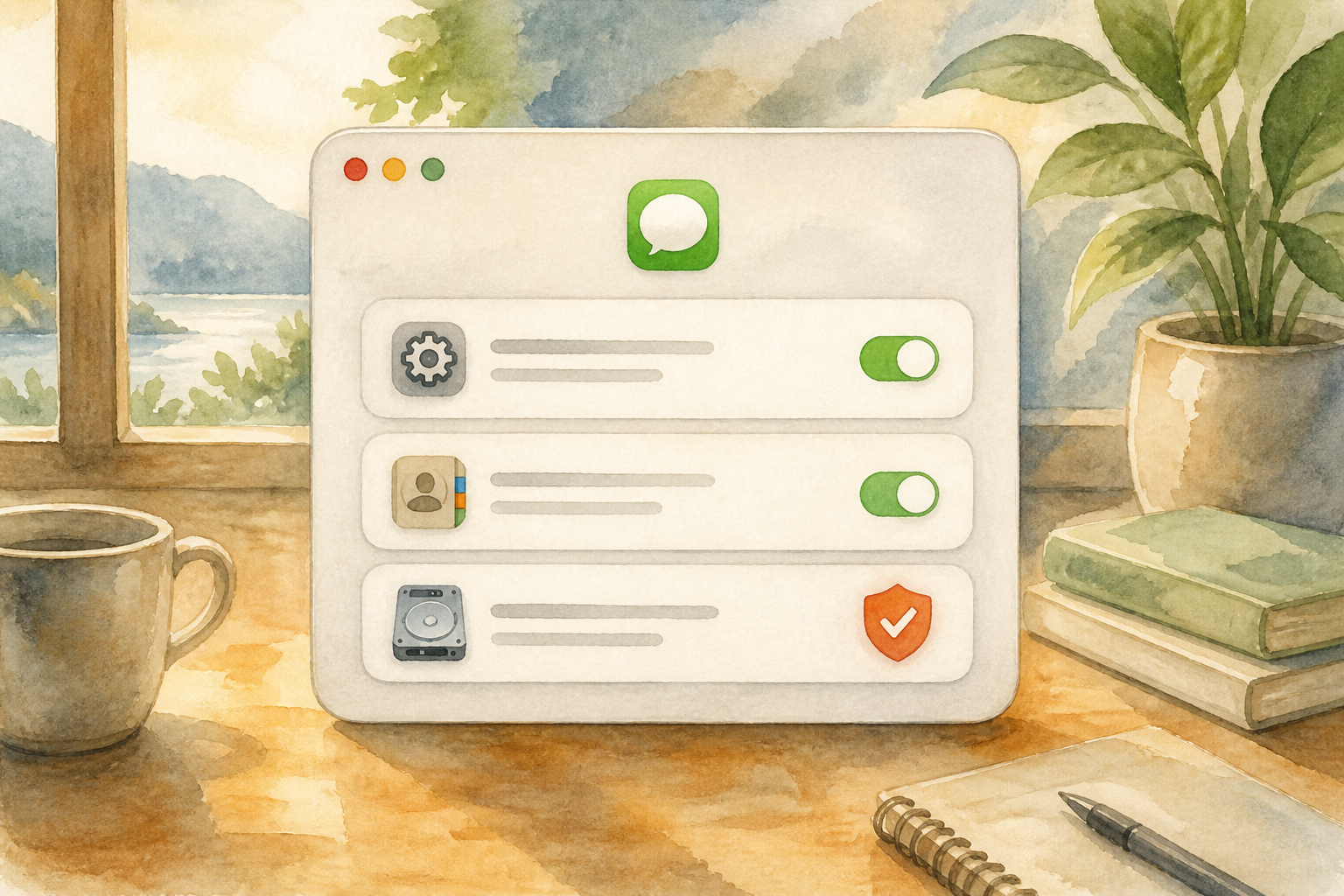A watercolor macOS permission card showing automation, contacts, private disk access, and a security shield. AI-generated image for illustrative purposes.