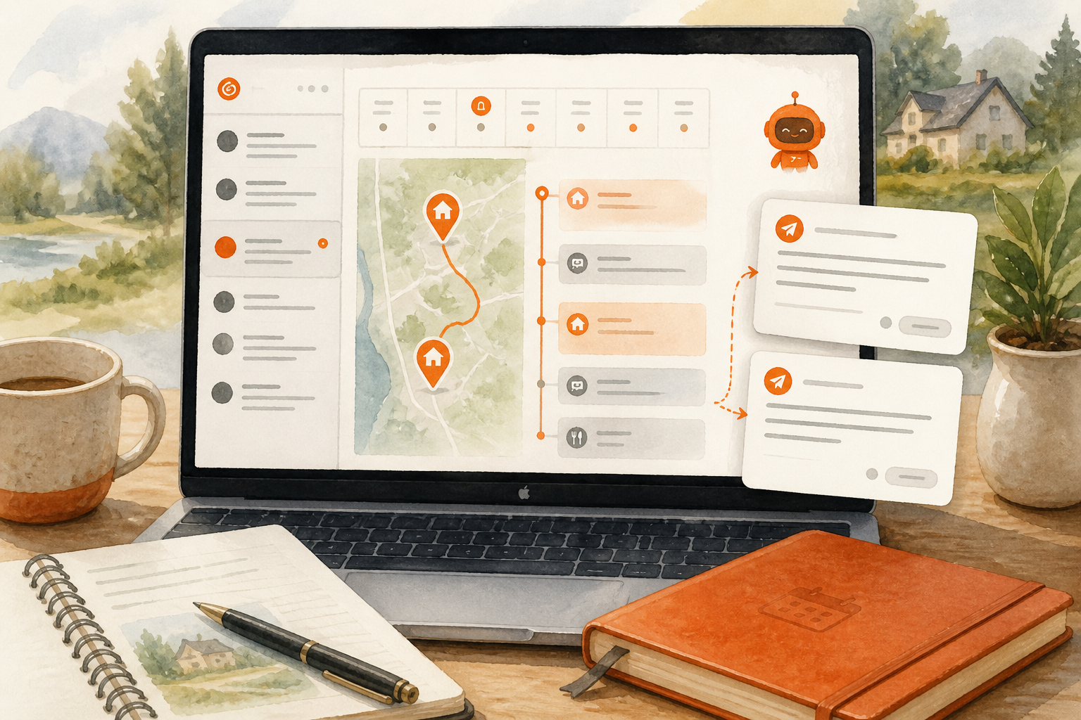 A watercolor appointment itinerary with route pins, time blocks, and confirmation drafts that remain unsent. AI-generated image for illustrative purposes.