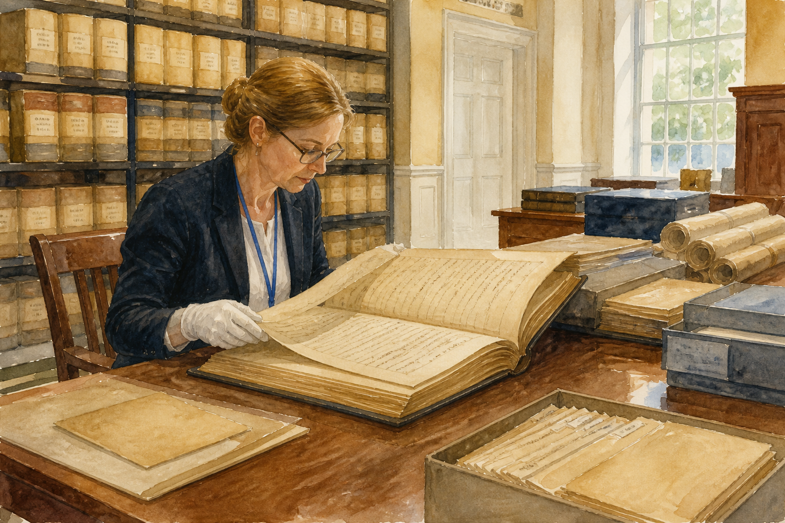 Watercolor editorial scene of an archivist reviewing a historic deed book and rolled plats in a courthouse archive.