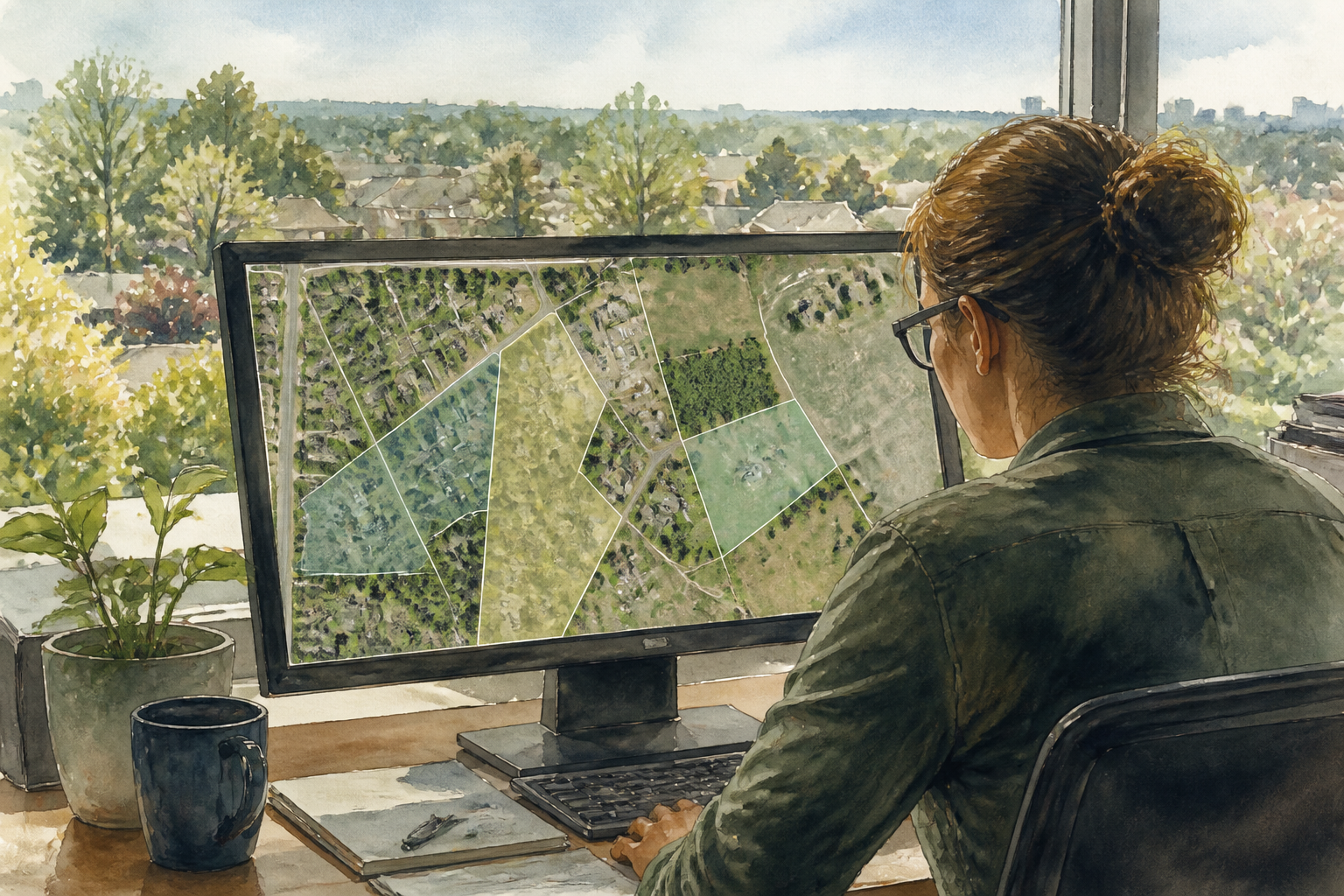 Watercolor editorial scene of a GIS analyst reviewing aerial parcel boundaries and mapped layers.