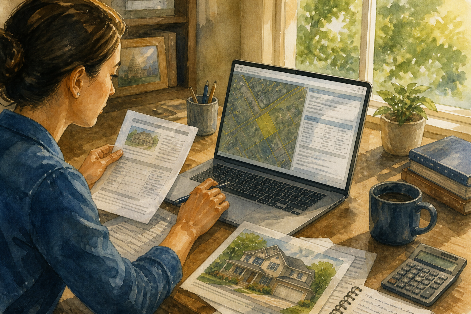 Watercolor editorial scene of a researcher comparing a parcel assessment, house image, and official documents.