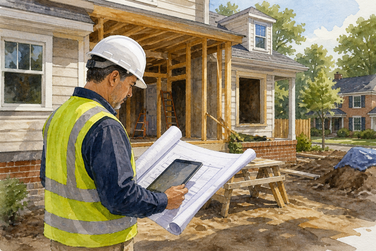 Watercolor editorial scene of a building inspector reviewing plans at a residential renovation site.