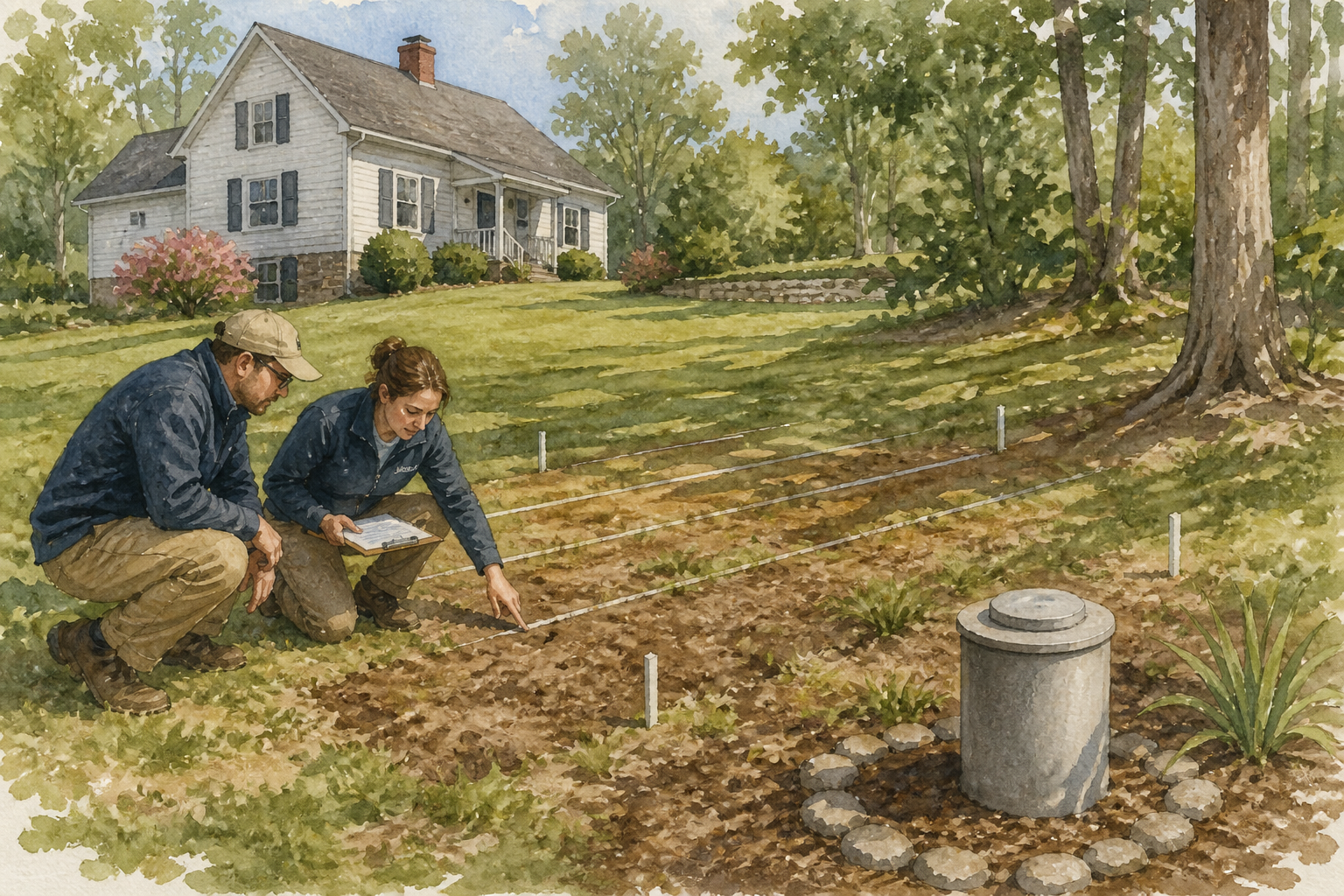 Watercolor editorial scene of an environmental specialist and soil scientist examining a private well and drainfield area.
