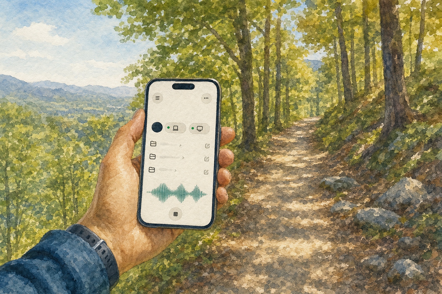 ChatGPT Voice computer control with a Codex Remote session used from a wooded trail. AI-generated image for illustrative purposes.
