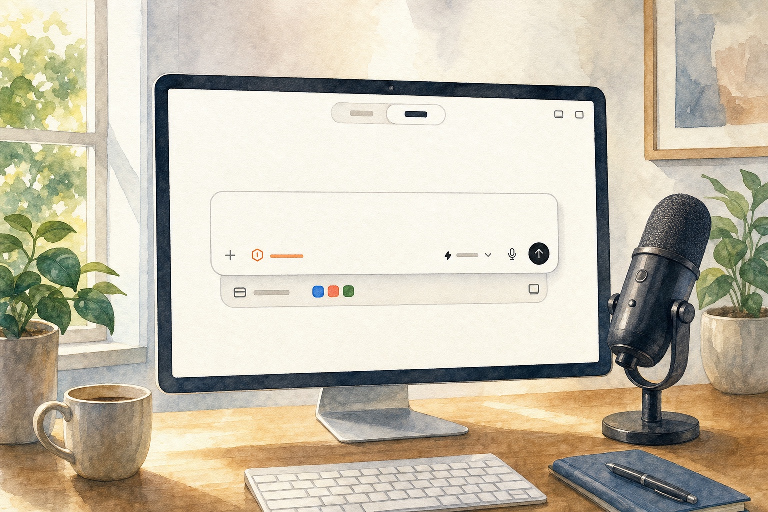 ChatGPT Voice computer control with a desktop Work interface, microphone, and authorized tools. AI-generated image for illustrative purposes.