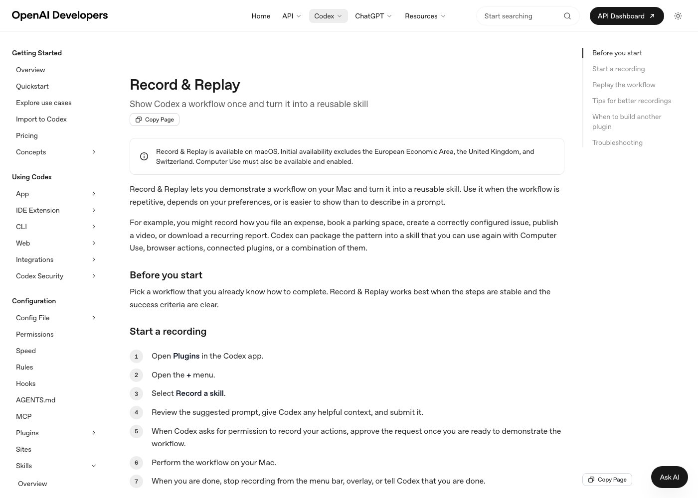 OpenAI's Record & Replay documentation shows the core idea: demonstrate a workflow once, then turn it into a reusable Codex skill.
