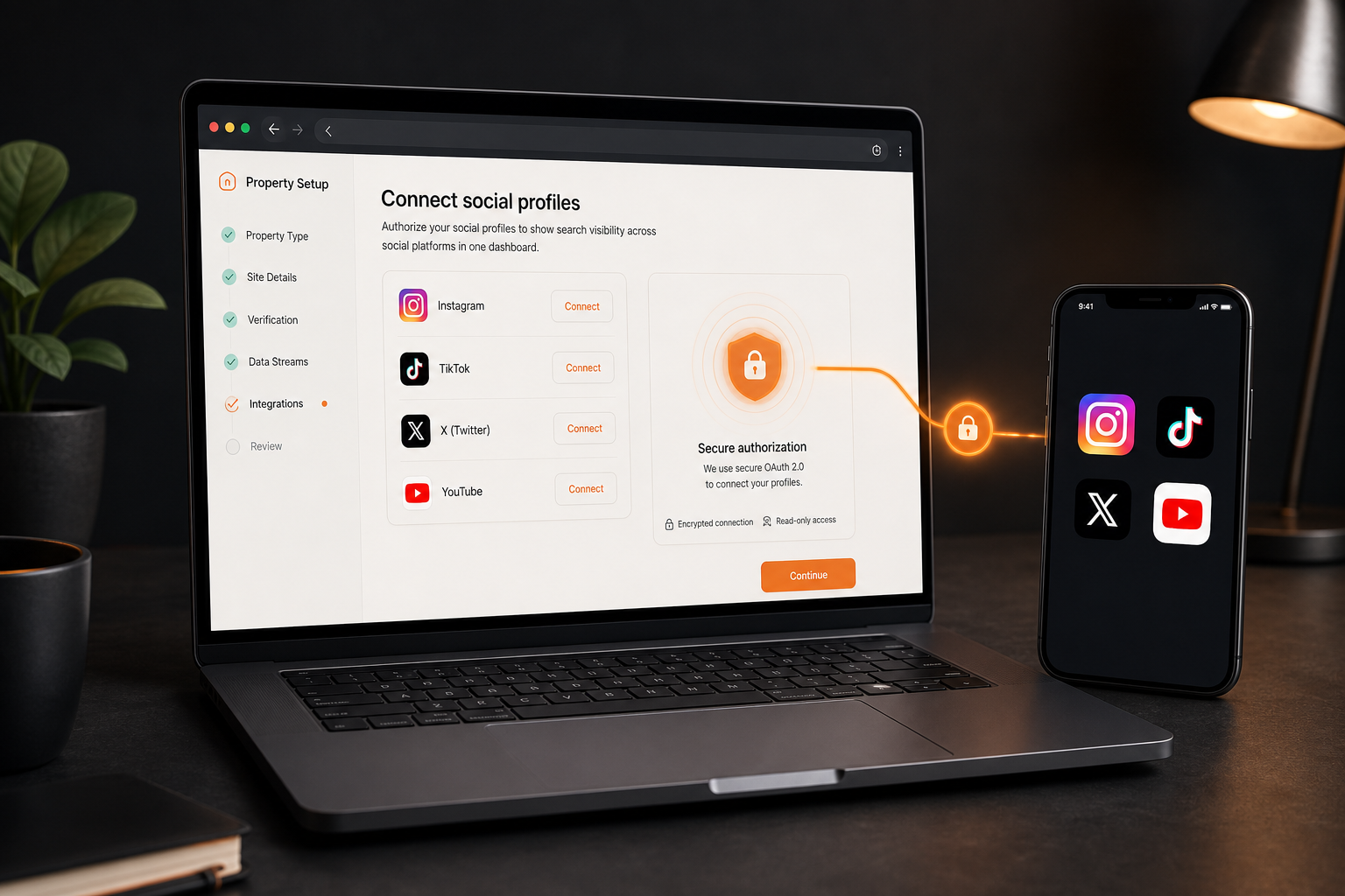 A social media SEO setup connects supported social profiles to a search analytics property through an authorized account link.