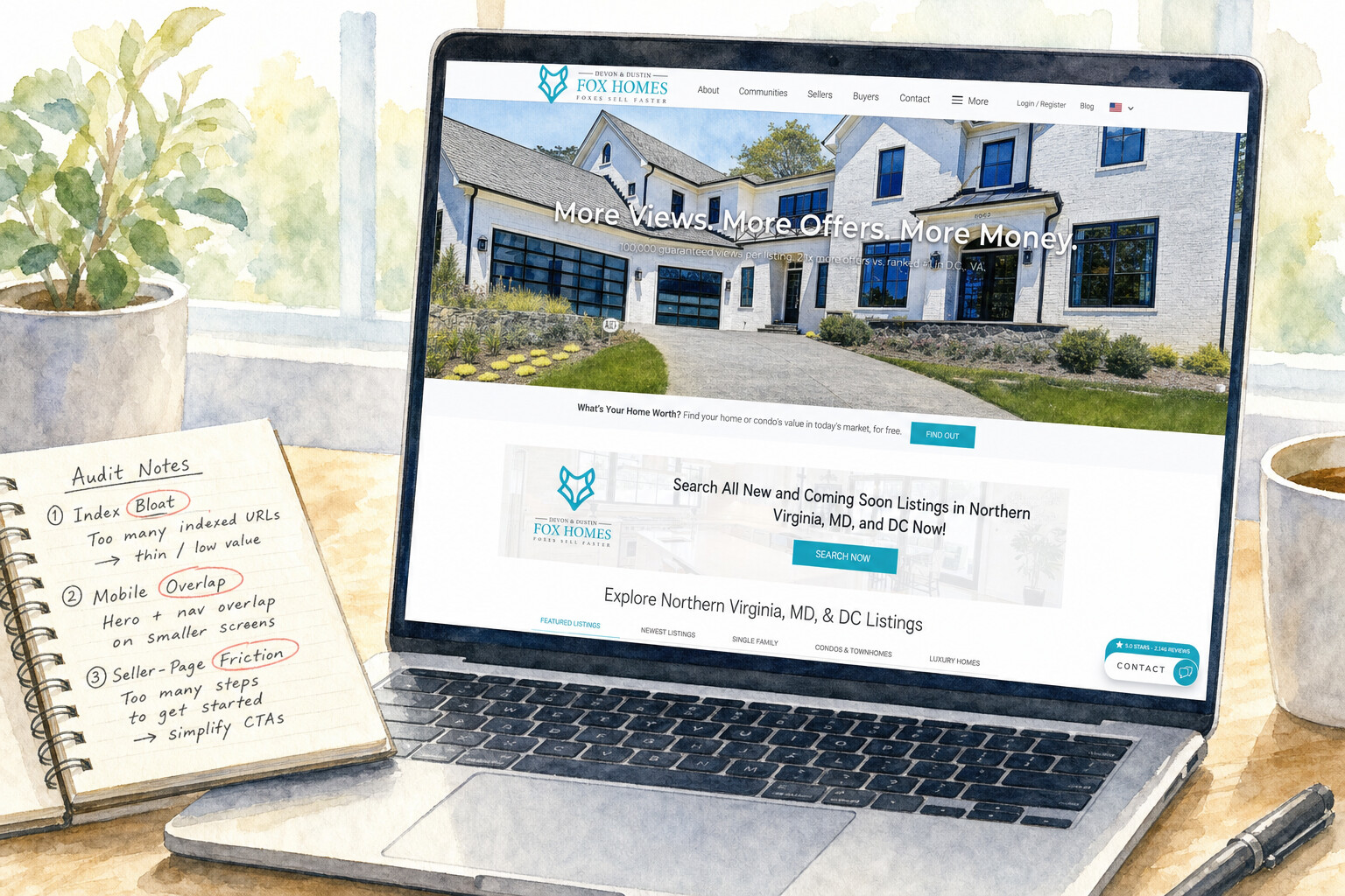 Fox Homes internal AI audit reviewing web inventory and mobile quality.