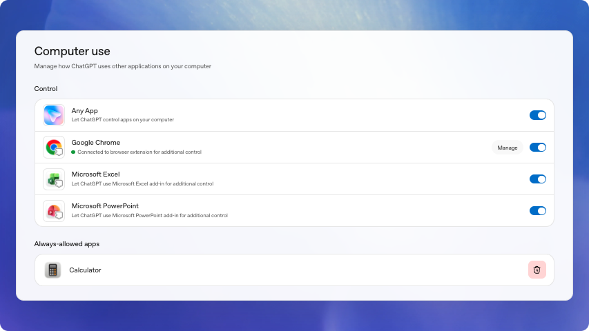 Official OpenAI example of app-access controls. The example lists Calculator as the always-allowed app; it is not Dustin's configuration. Source: OpenAI Computer Use.