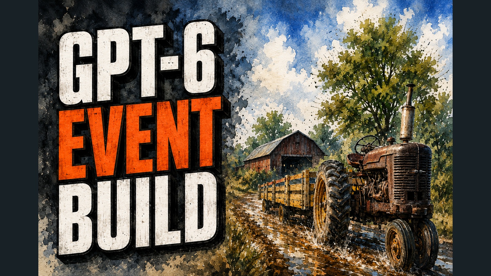GPT-6 client-event website test. Reference-based watercolor illustration of the Cox Farms venue; not an application screenshot.