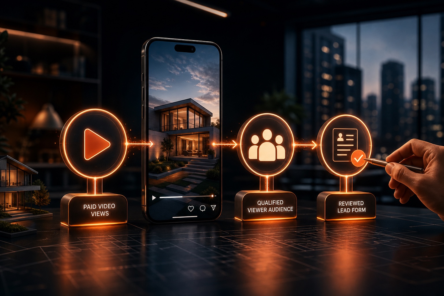 The three-stage listing Reel funnel moves from paid video views to a qualified viewer audience and a reviewed lead form.