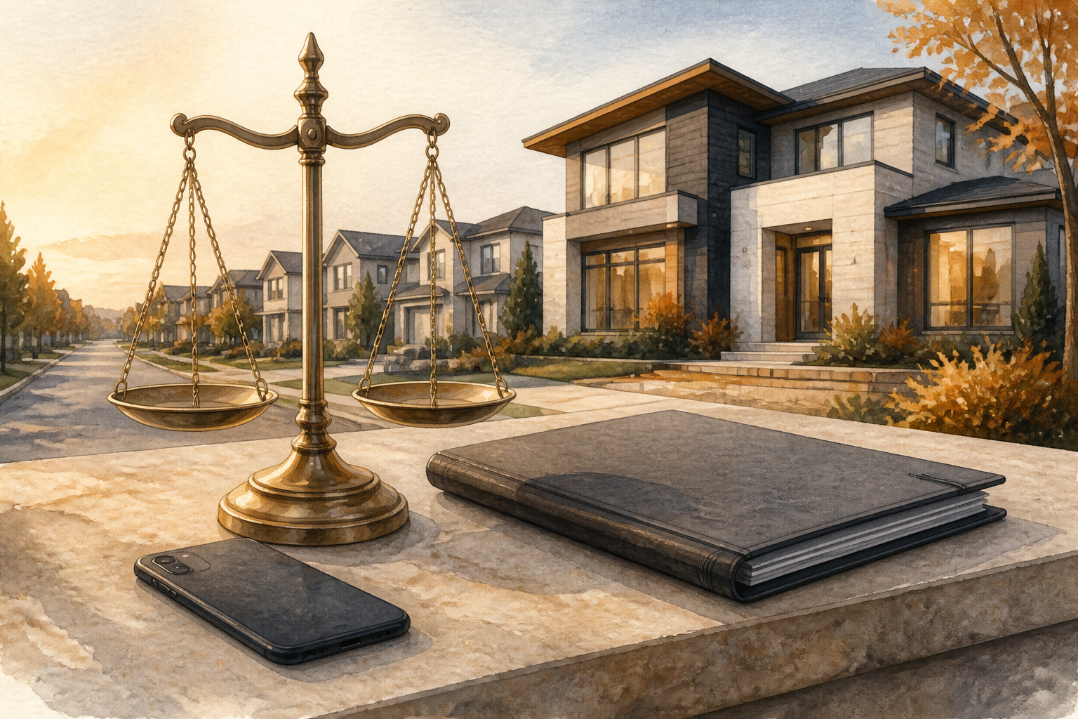 Housing advertising compliance represented by a balanced scale beside a contemporary home.