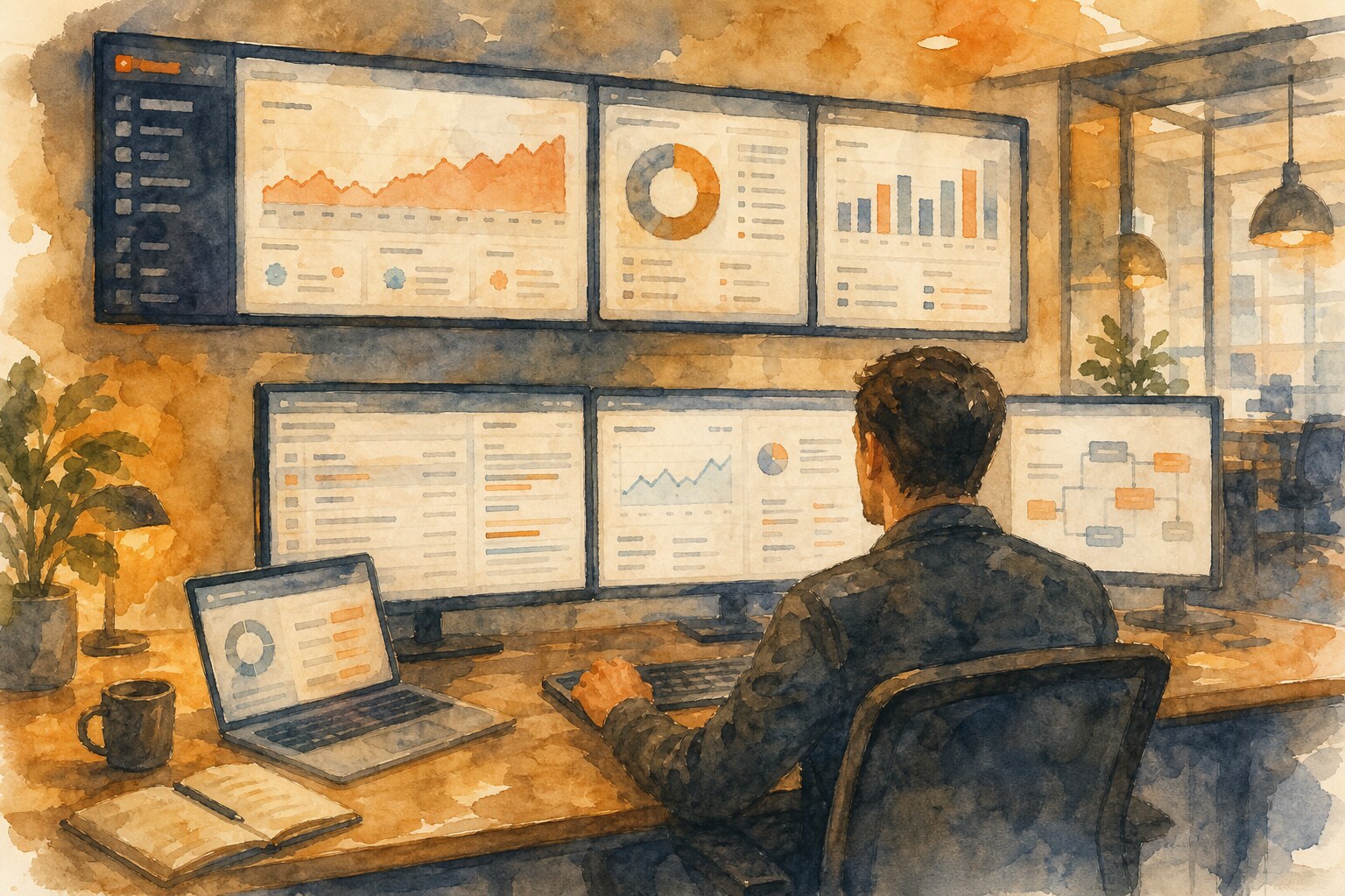 AgentAIBrief AI systems dashboard watercolor illustration.