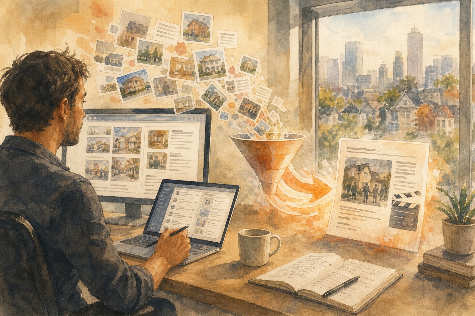 AgentAIBrief content mining workflow watercolor illustration.