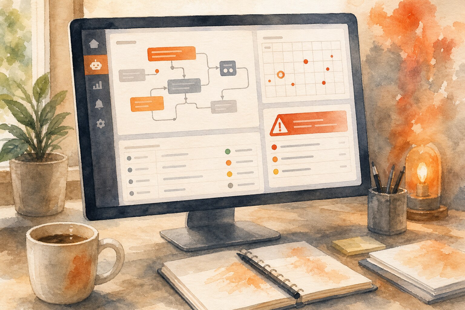 AgentAIBrief operations monitoring cycle watercolor illustration.