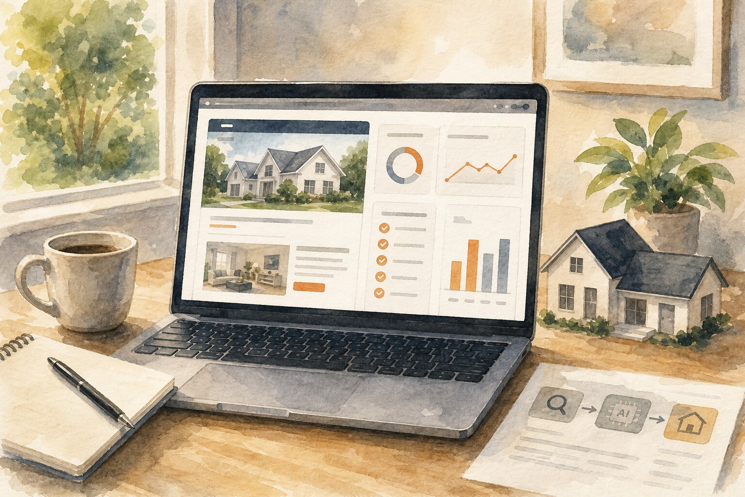 AgentAIBrief seller page optimization cycle watercolor illustration.