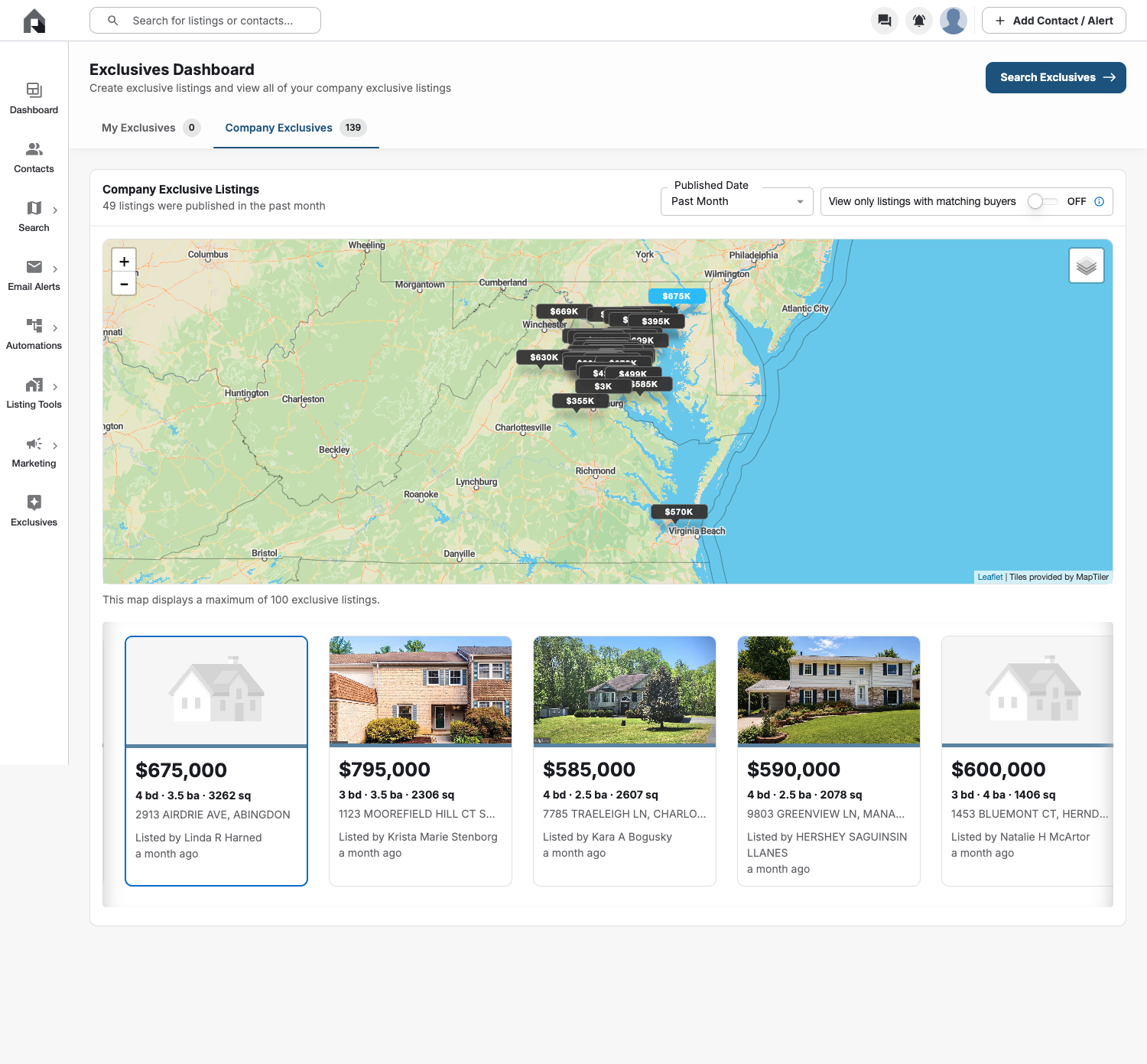 RealScout company exclusives dashboard showing 139 company exclusives and 49 listings published in the past month.