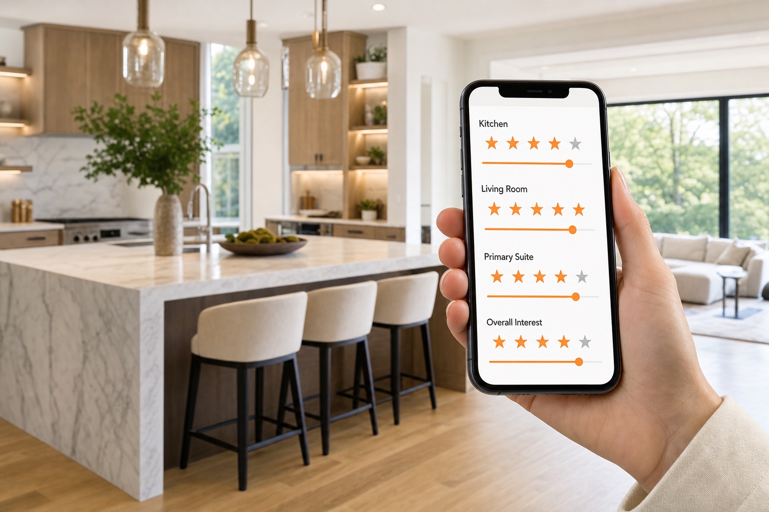A mobile open house feedback form gives guests a quick way to rate the kitchen, living room, primary suite, and overall interest.
