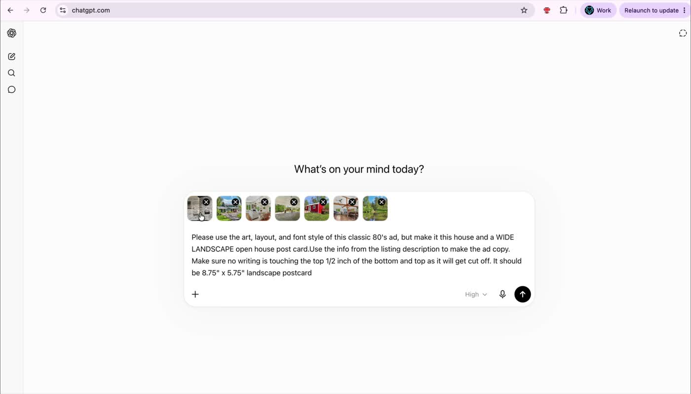 The prompt uses a specific print-ad reference plus real listing photos instead of asking AI for generic postcard ideas.