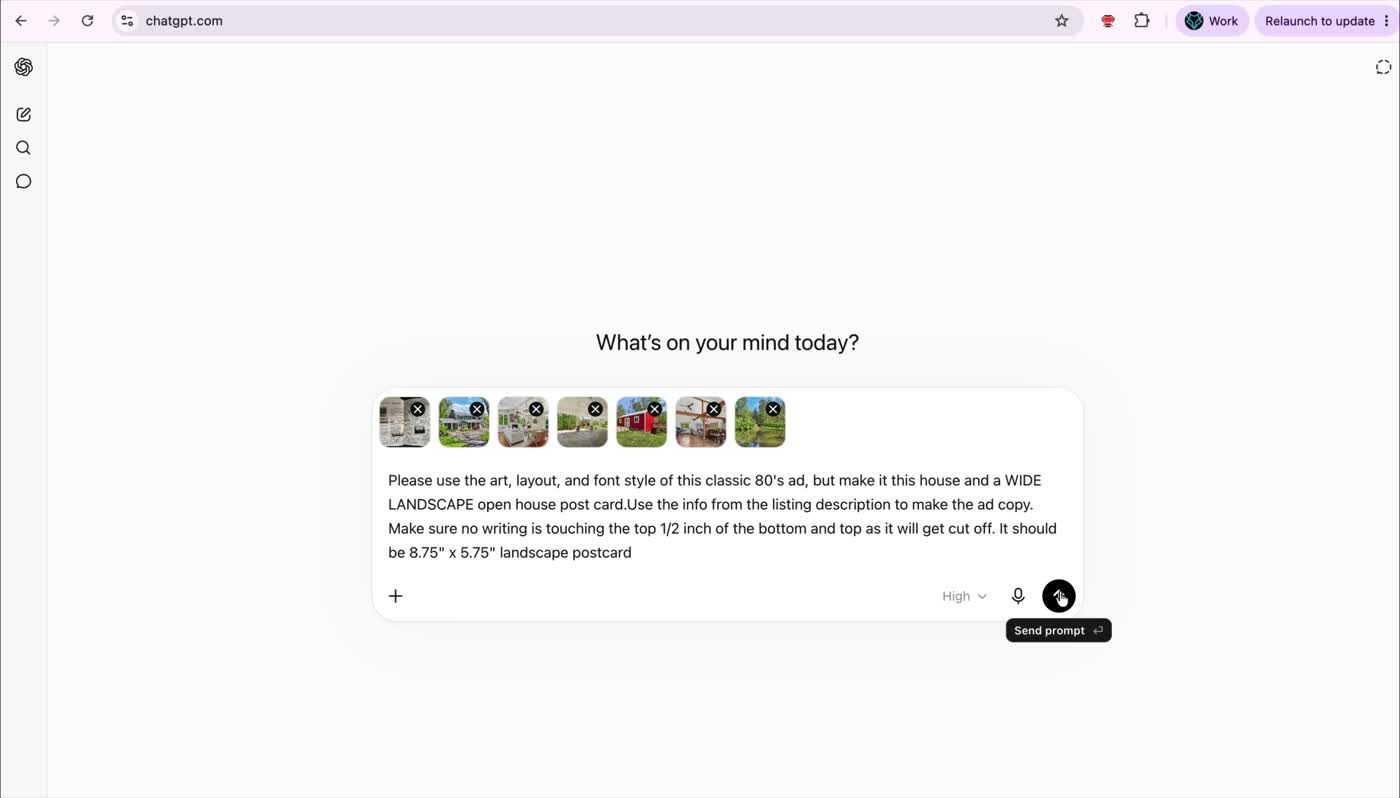 The workflow starts by giving ChatGPT a vintage ad reference, listing photos, and exact postcard constraints.