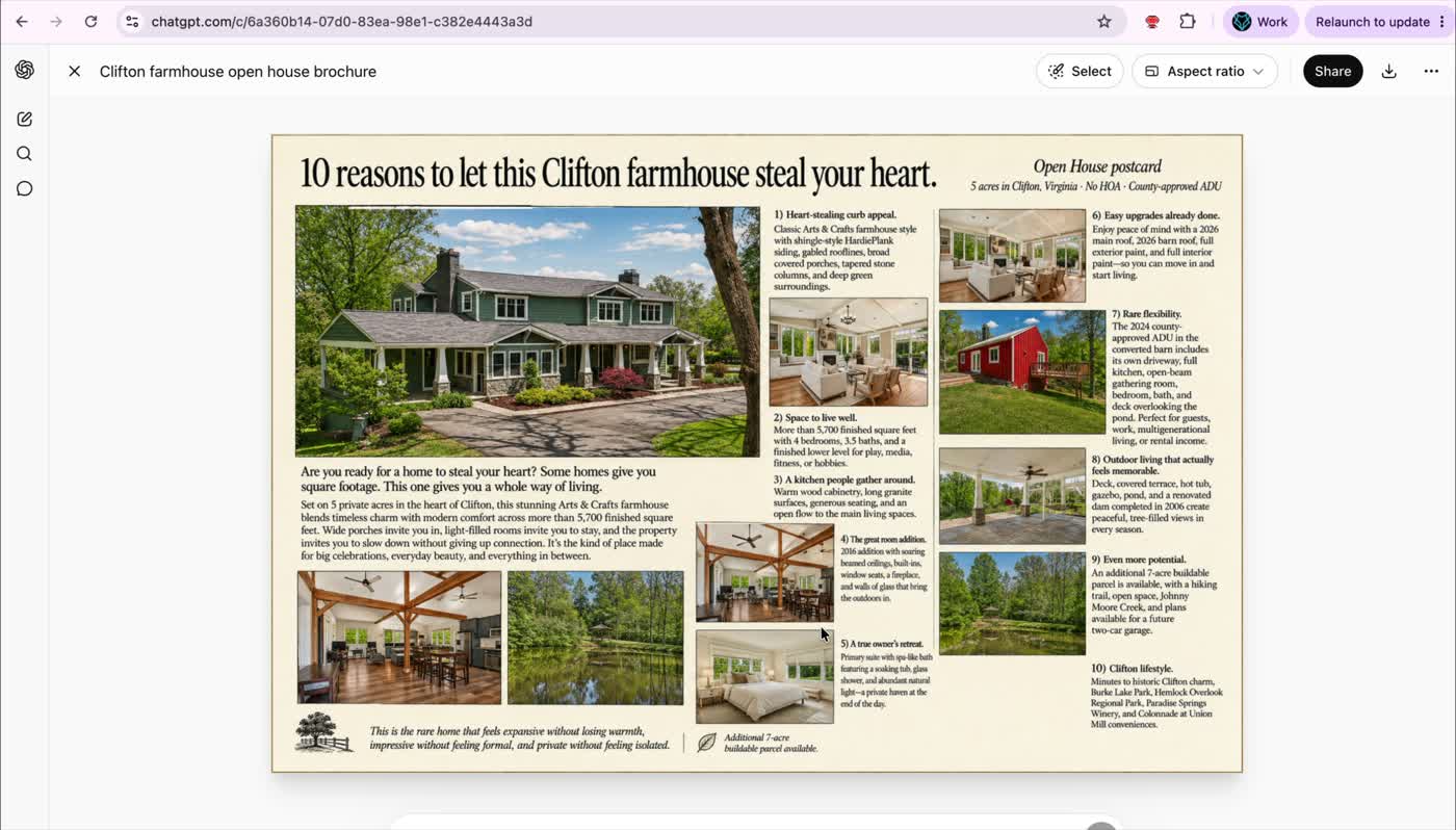 The AI output turns listing facts into a complete postcard concept with a specific headline and structured selling points.
