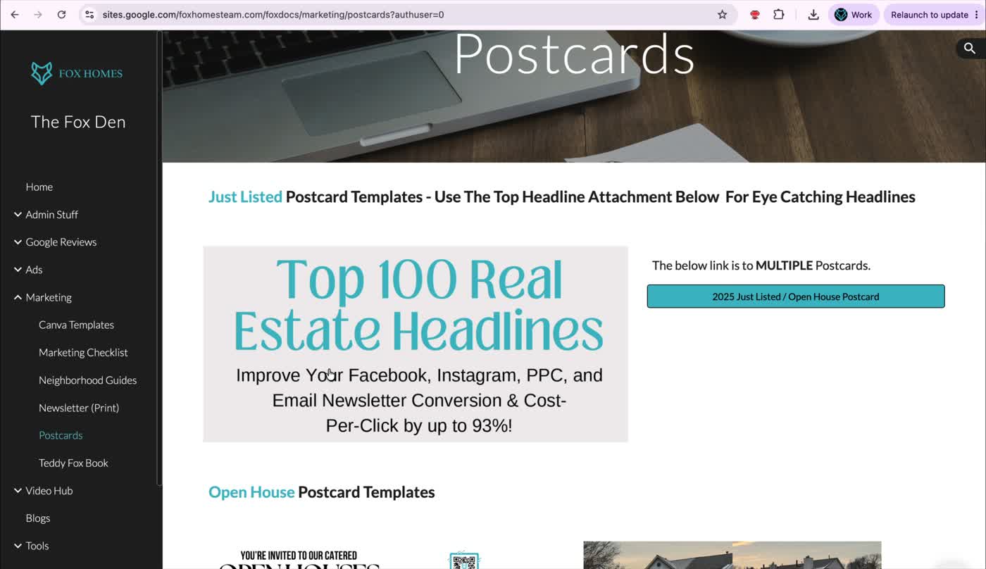 The Fox Den postcard library gives agents a central place to find postcard templates instead of rebuilding every mailer from scratch.