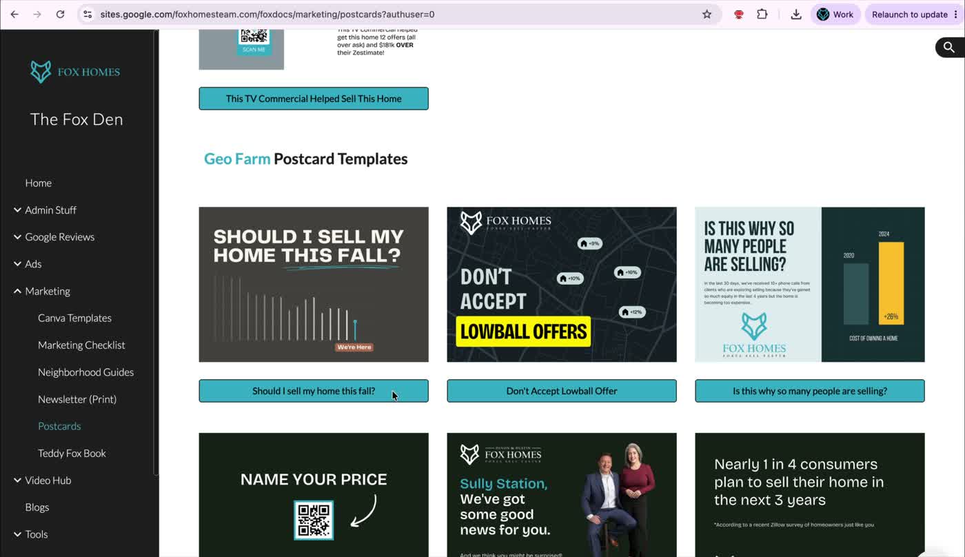 Geo-farm templates can carry seller-focused postcard angles while still staying inside the same branded template system.
